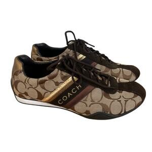 COACH Jayme Sneakers Monogram Brown Tan Gold Size 8